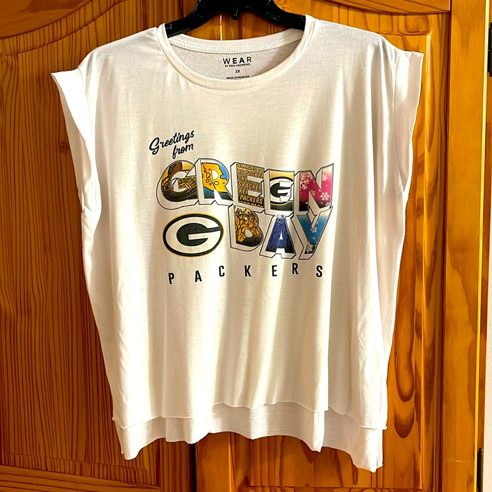 PACKERS WEAR BY ERIN ANDREWS WOMENS GREEN BAY TEE PLUS SIZE 2X MULTICOLOR WHITE
